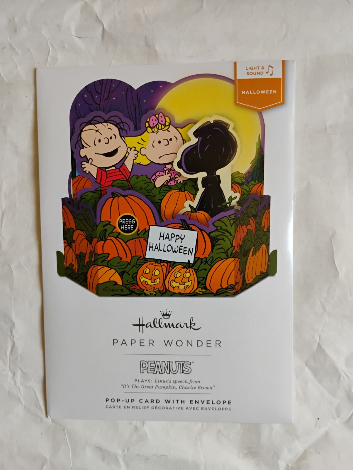 NIP Hallmark Peanuts Great Pumpkin Halloween Pop Up Card & Envelope Lights & Som