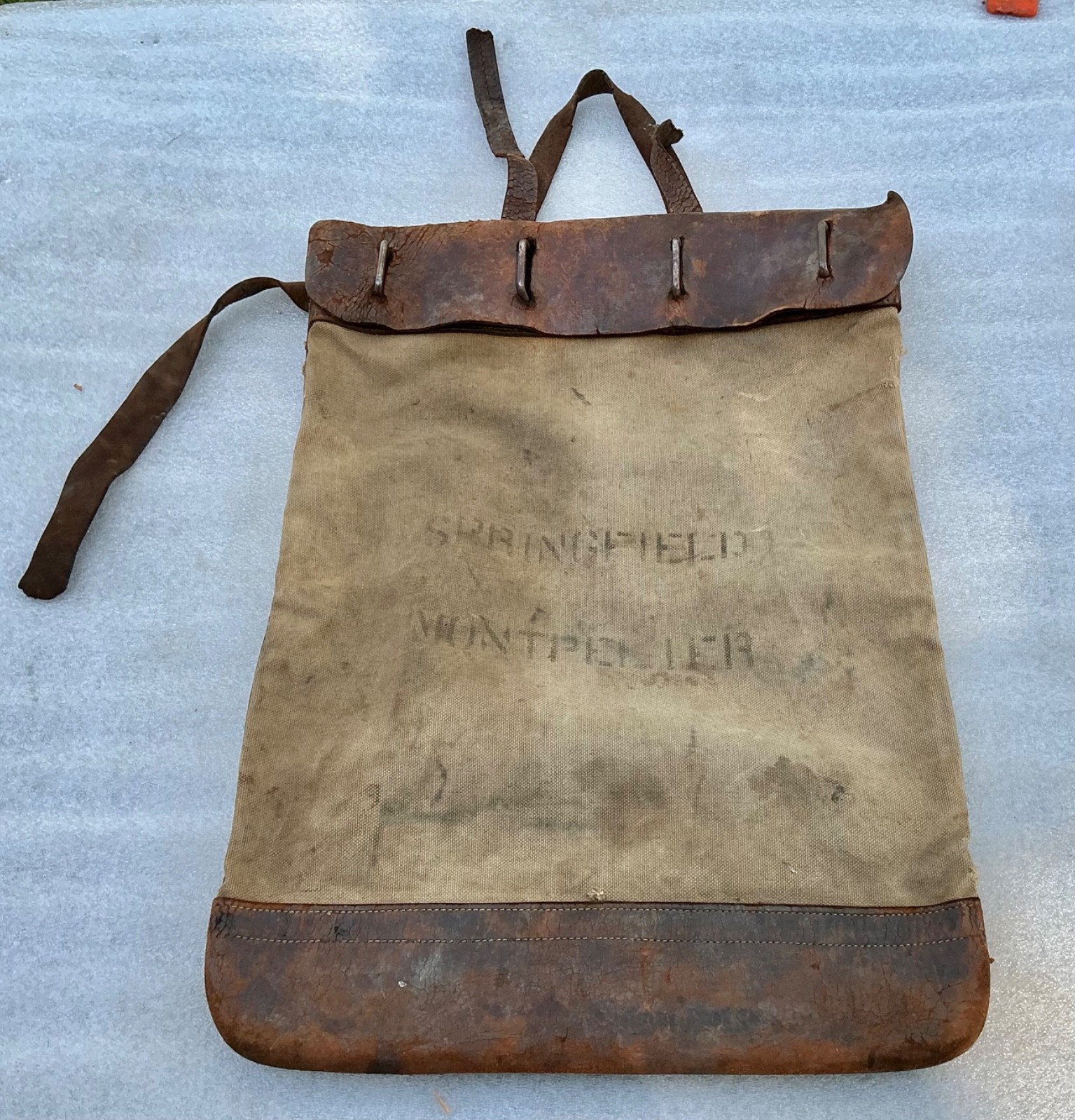 ANTIQUE MONTPELIER VT SPRINGFIELD MAIL BAG CANVAS LEATHER TRAIN COACH EXPRESS RR ANTIQUE MONTPELIER VT SPRINGFIELD MAIL BAG CANVAS LEATHER TRAIN COACH EXPRESS RR