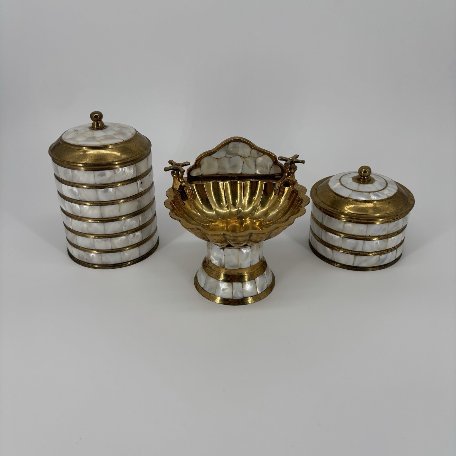 VTG Mother Of Pearl Mosaic Inlay & Brass Altar Hollywood Regency Vanity Set of 3