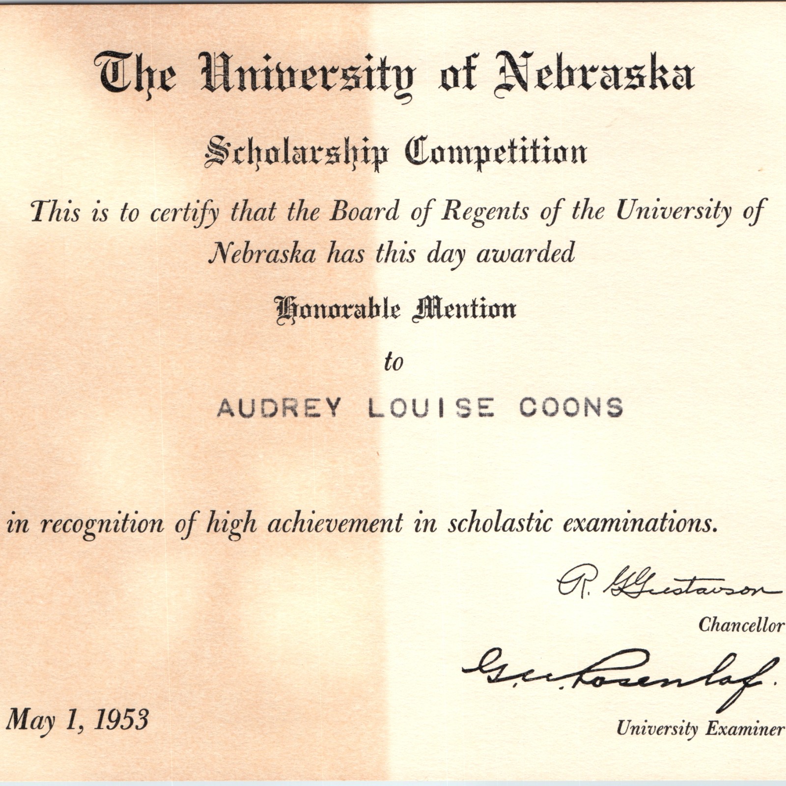 1953 University of Nebraska Scholarship Certificate Honorable Mention Coons 1953 University of Nebraska Scholarship Certificate Honorable Mention Coons