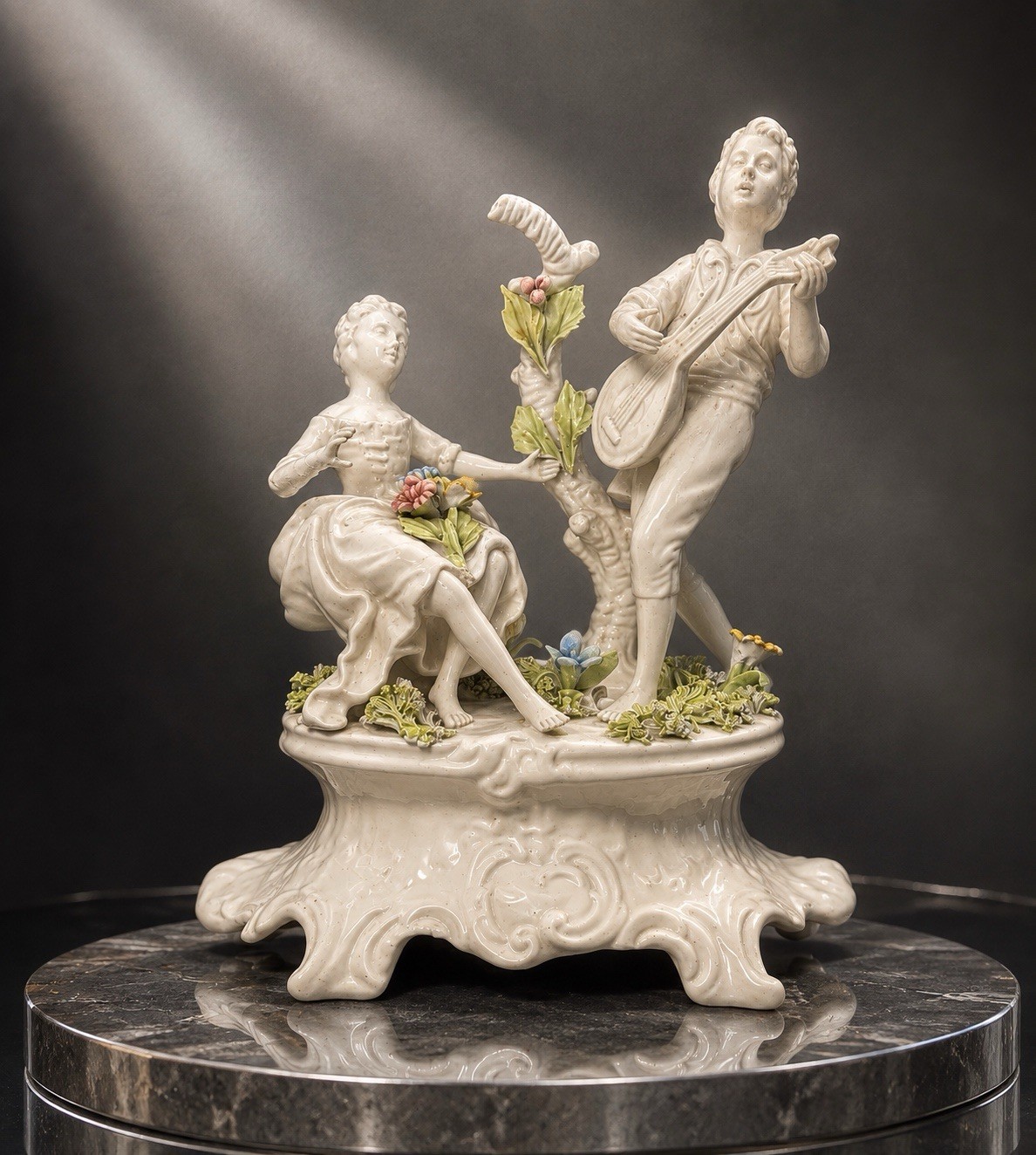 Italy 1950s Porcelain Figurine Capodimonte Style Musicians White, 8x9.5