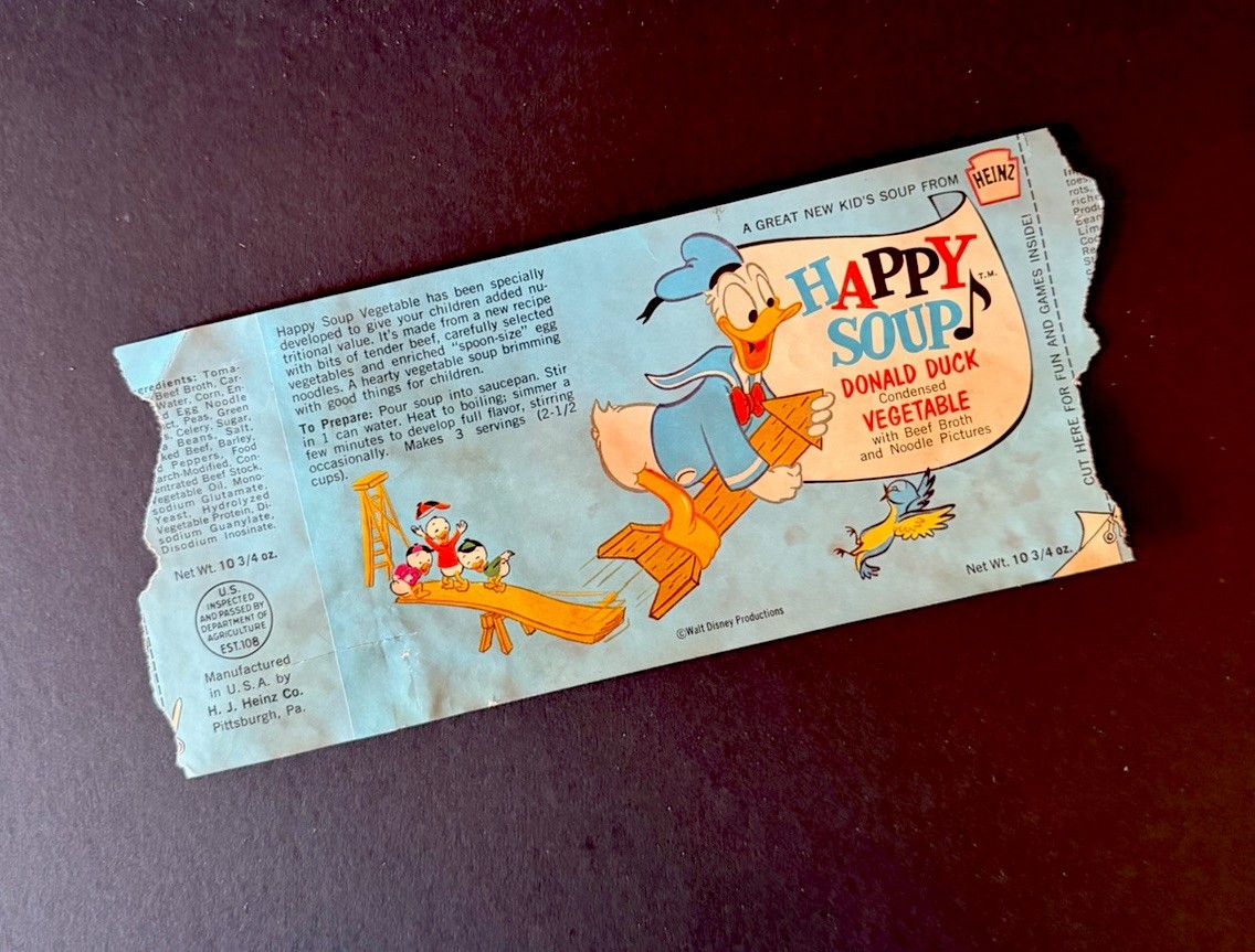 Vintage 1960's Disney Heinz Happy Soup DONALD DUCK VEGETABLE Food Can Label Vintage 1960's Disney Heinz Happy Soup DONALD DUCK VEGETABLE Food Can Label