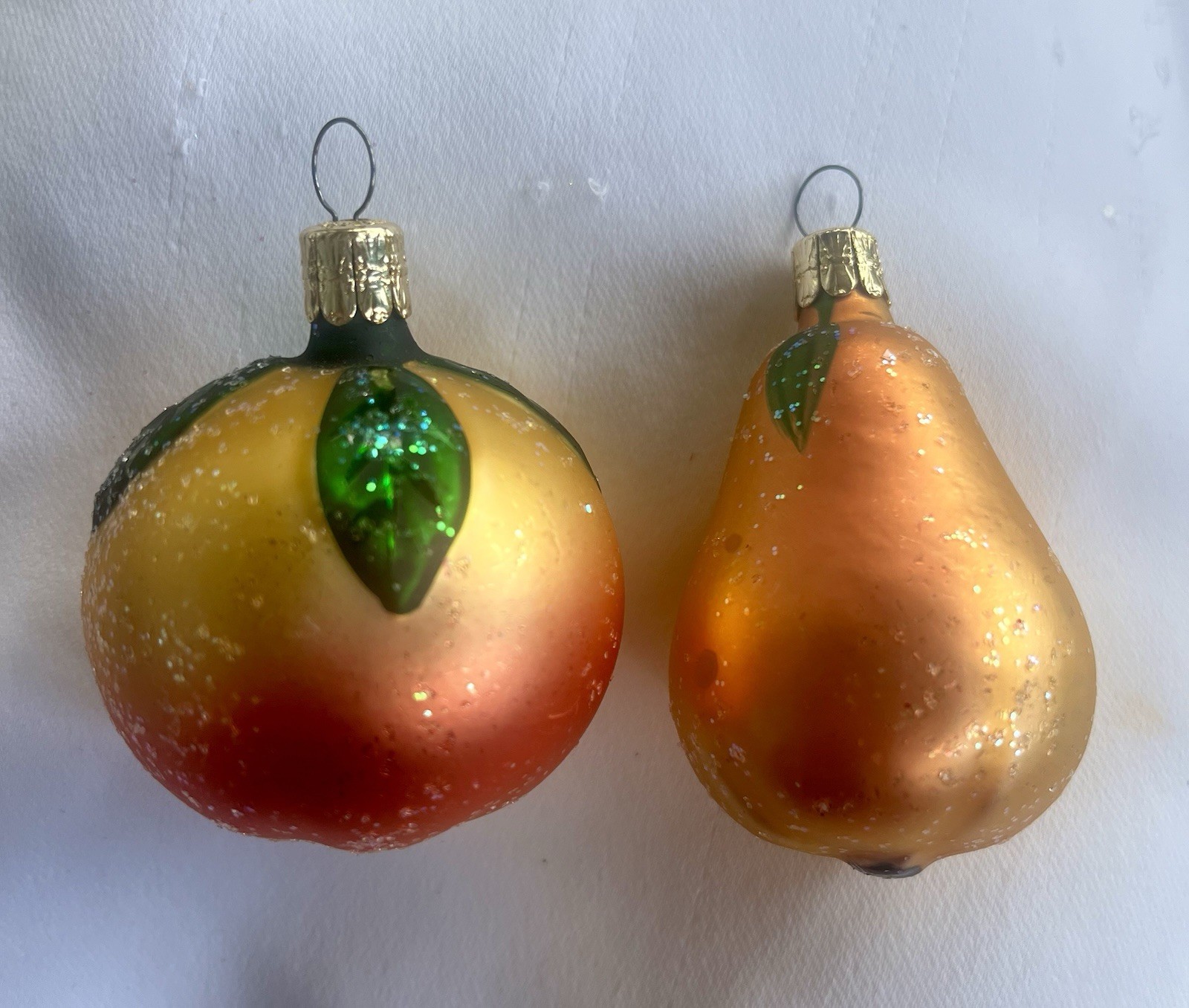 Vintage Czech Glass Fruit Ornaments Pear & Peach Set Glittered Holiday Décor