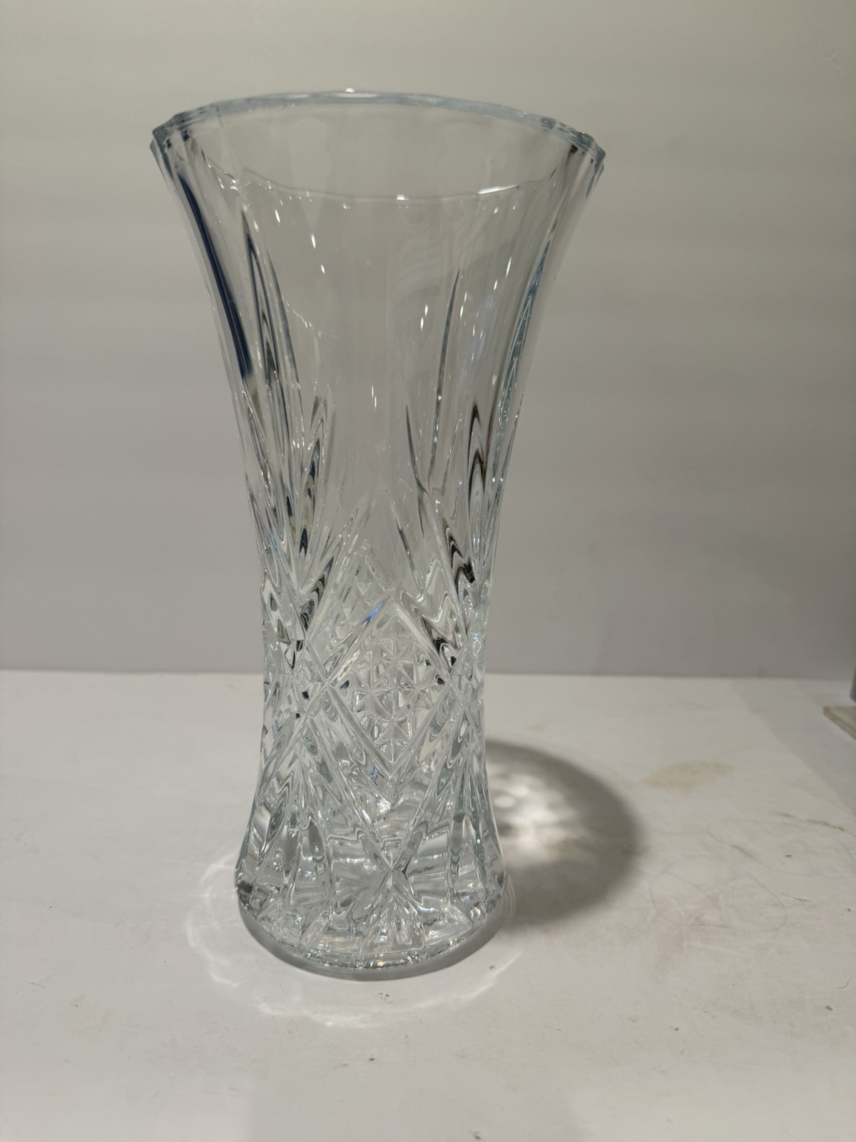 Vintage Heavy Cut Crystal Vase 9.5” Faceted Flared Rim Diamond Starburst