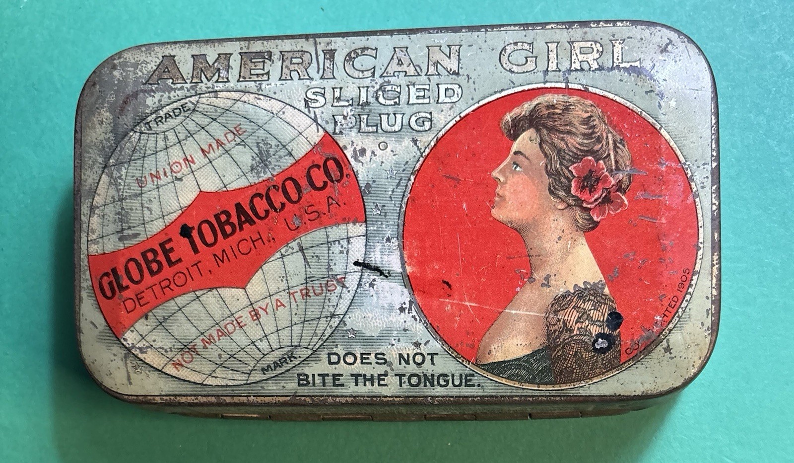 American Girl Vintage Early Flat Pocket Tin Globe Tobacco Co Detroit MICH