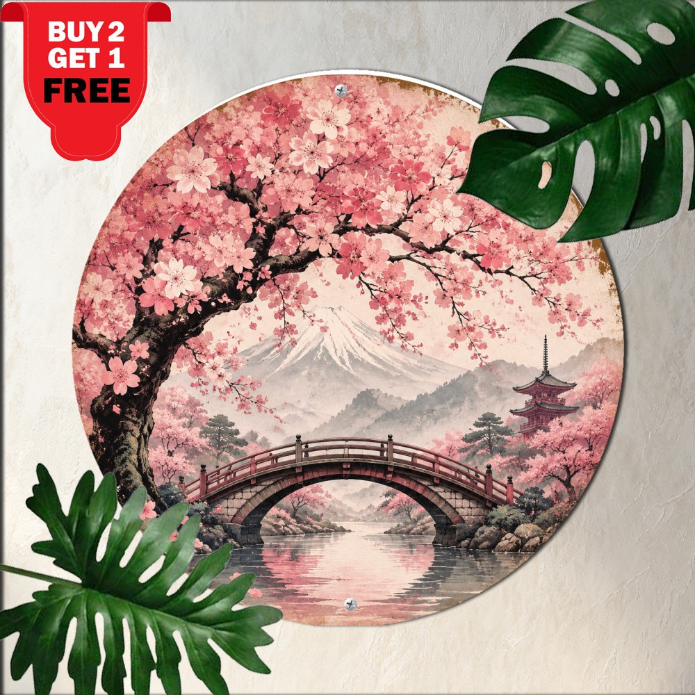 Japanese Cherry Blossom Mountain Landscape Round Metal Sign Oriental Wall Decor