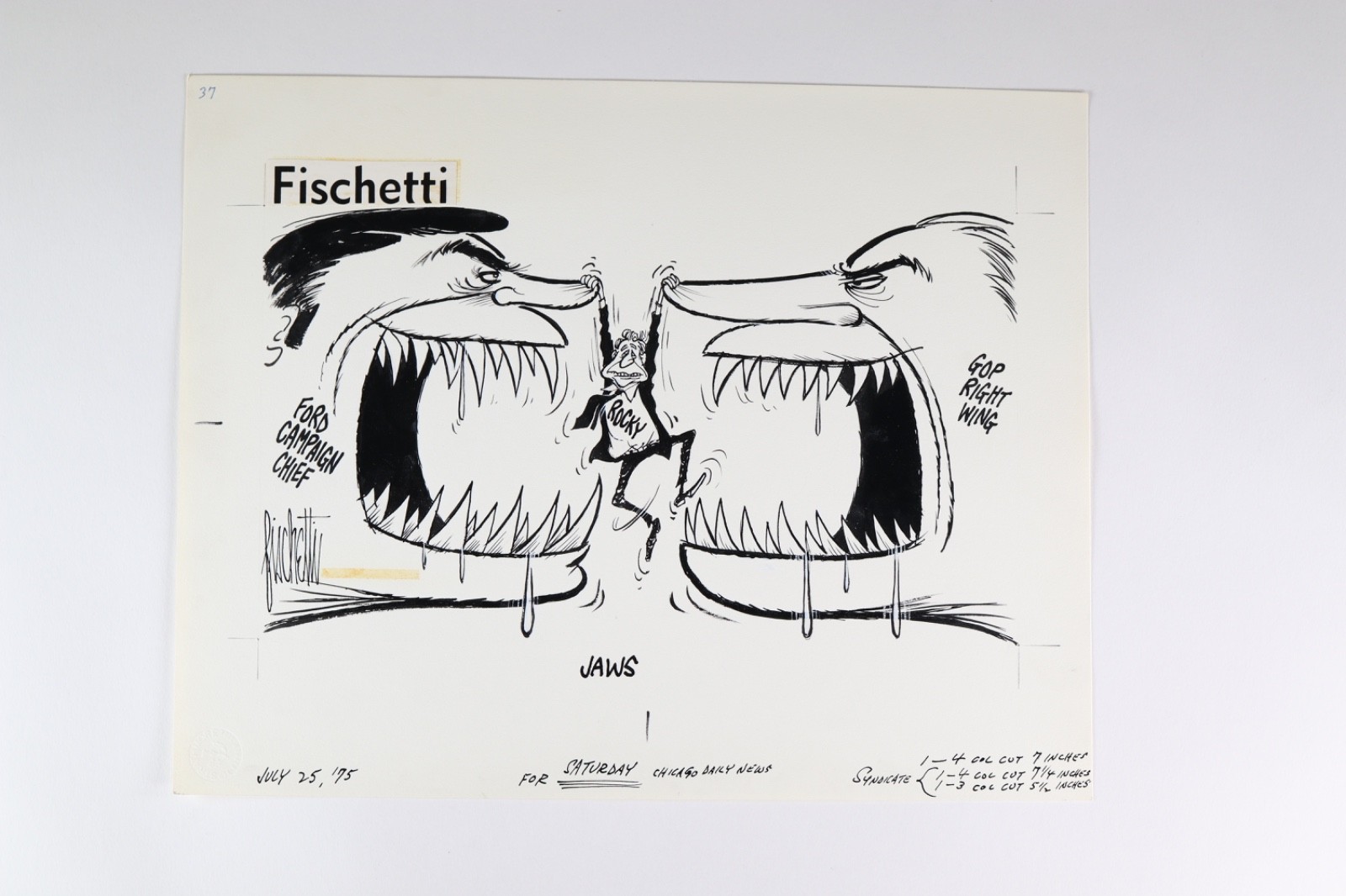 1975 John Fischetti Original Political Cartoon Jaws Movie Rockefeller Ford 1975 John Fischetti Original Political Cartoon Jaws Movie Rockefeller Ford