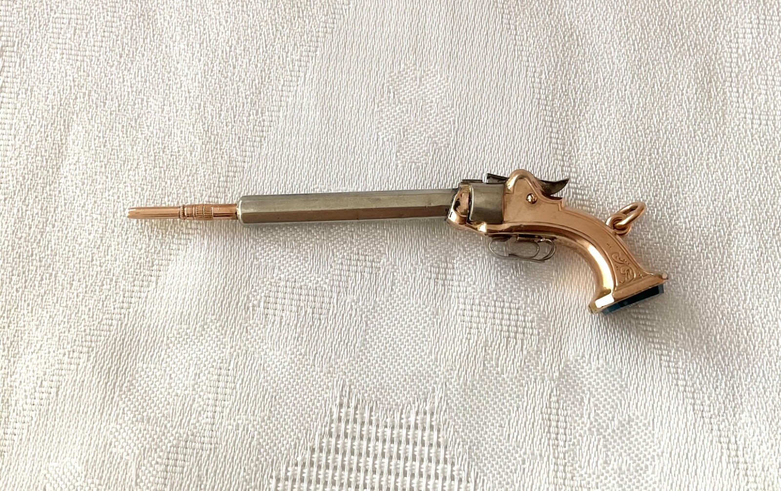 antique English silver and 9k gold miniature pistol pencil holder antique English silver and 9k gold miniature pistol pencil holder