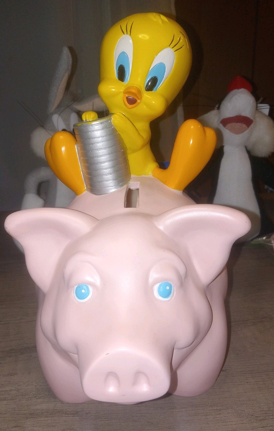 Vintage 2000 Warner Bros Tweety Bird Piggy Bank Looney Tunes Pink Pig Vinyl