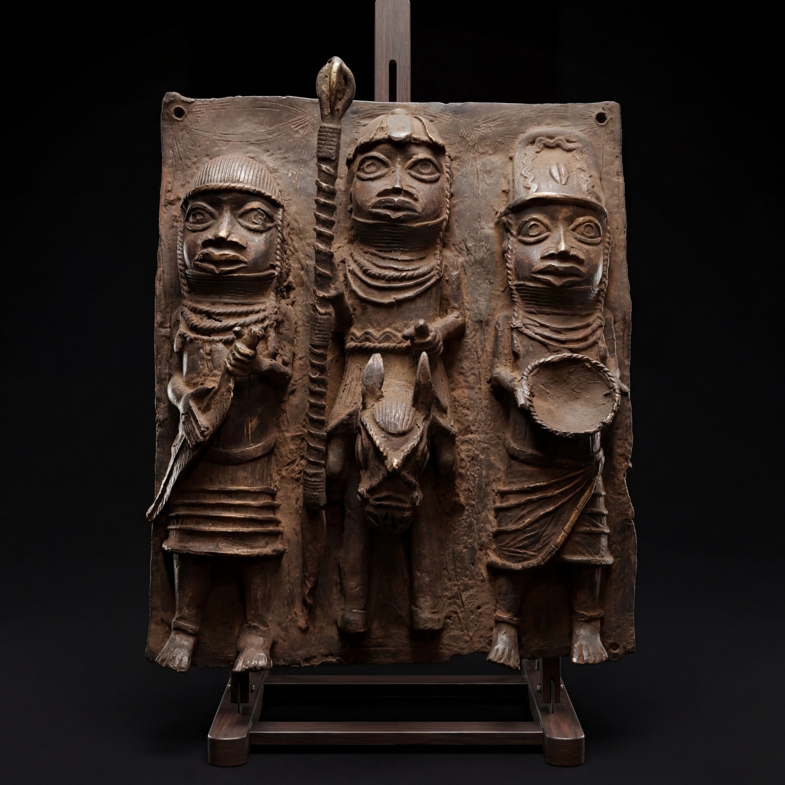 Antique Benin Bronze Plaque 1970s Royal Oba Court Warriors Lost Wax African Art