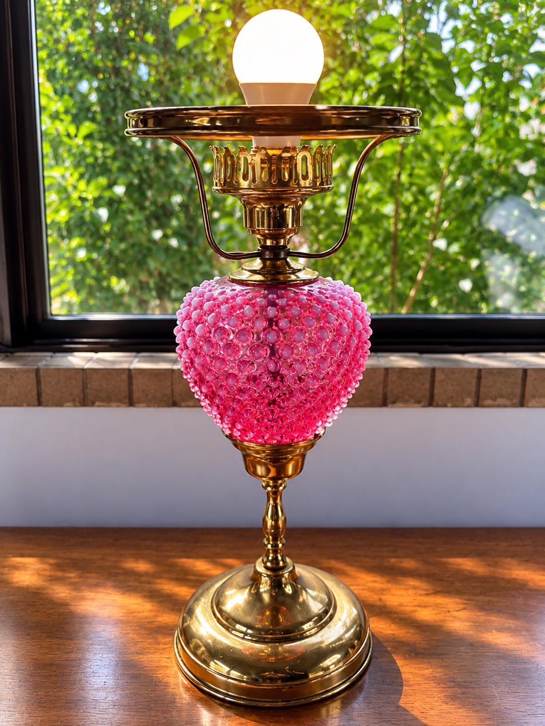 FENTON PINK CRANBERRY HOBNAIL LAMP GLASS VINTAGE OPALESCENT TABLE LAMP