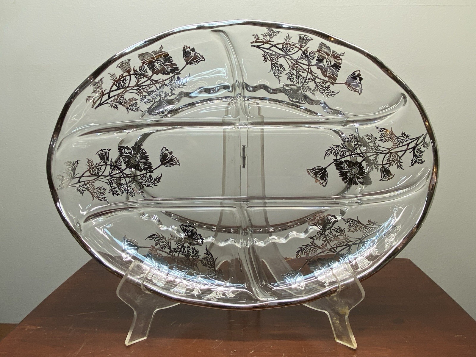 Vintage c1930’s Silver City Flanders Poppy Sterling on Clear Glass Divided Dish Vintage c1930’s Silver City Flanders Poppy Sterling on Clear Glass Divided Dish