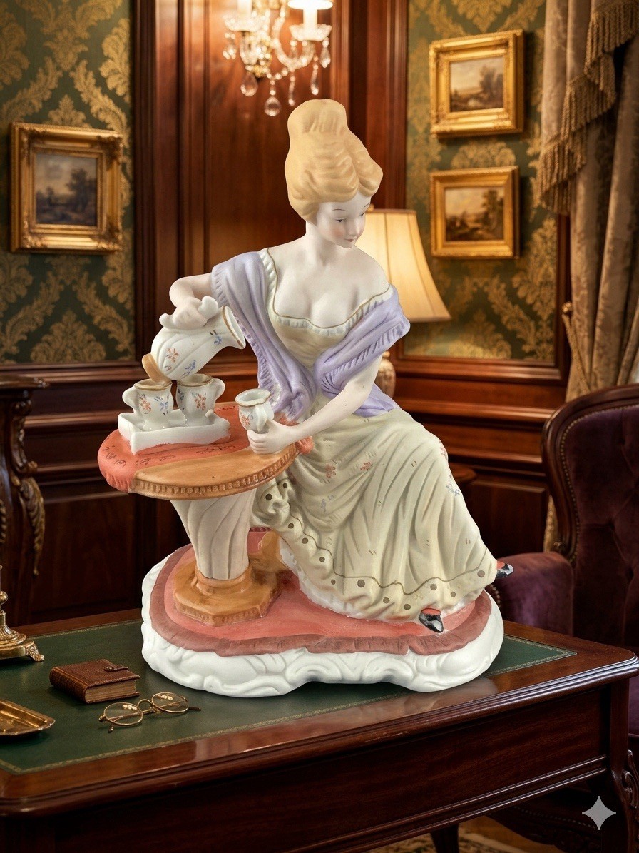 Vintage Porcelain Figurine Elegant Victorian Lady Pouring Tea Coffee 9” Matte