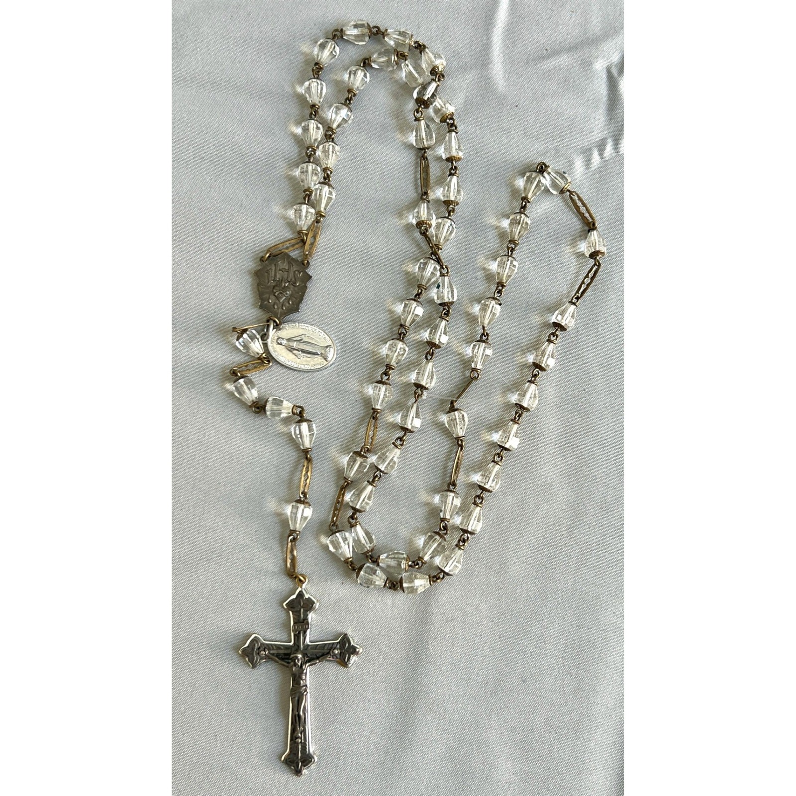Vintage Rock Crystal Rosary Sterling Silver Sacred Heart Medal Crucifix Clear