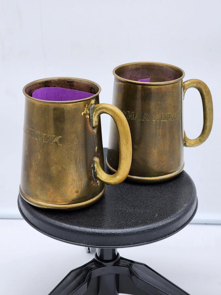 VINTAGE OLD BRASS MUGS ISLAM MARKED BLESSED & GOD WILLING ISLAMIC