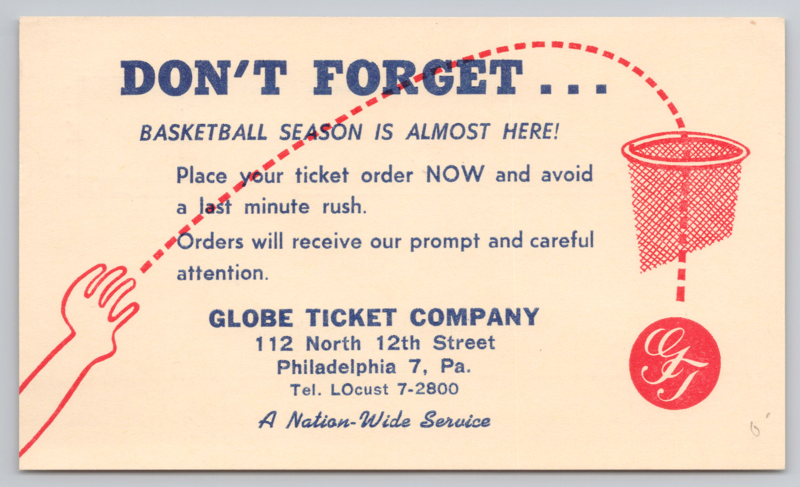 Vintage 1958 Globe Ticket Company Basketball Season Promo Card Philadelphia PA Vintage 1958 Globe Ticket Company Basketball Season Promo Card Philadelphia PA