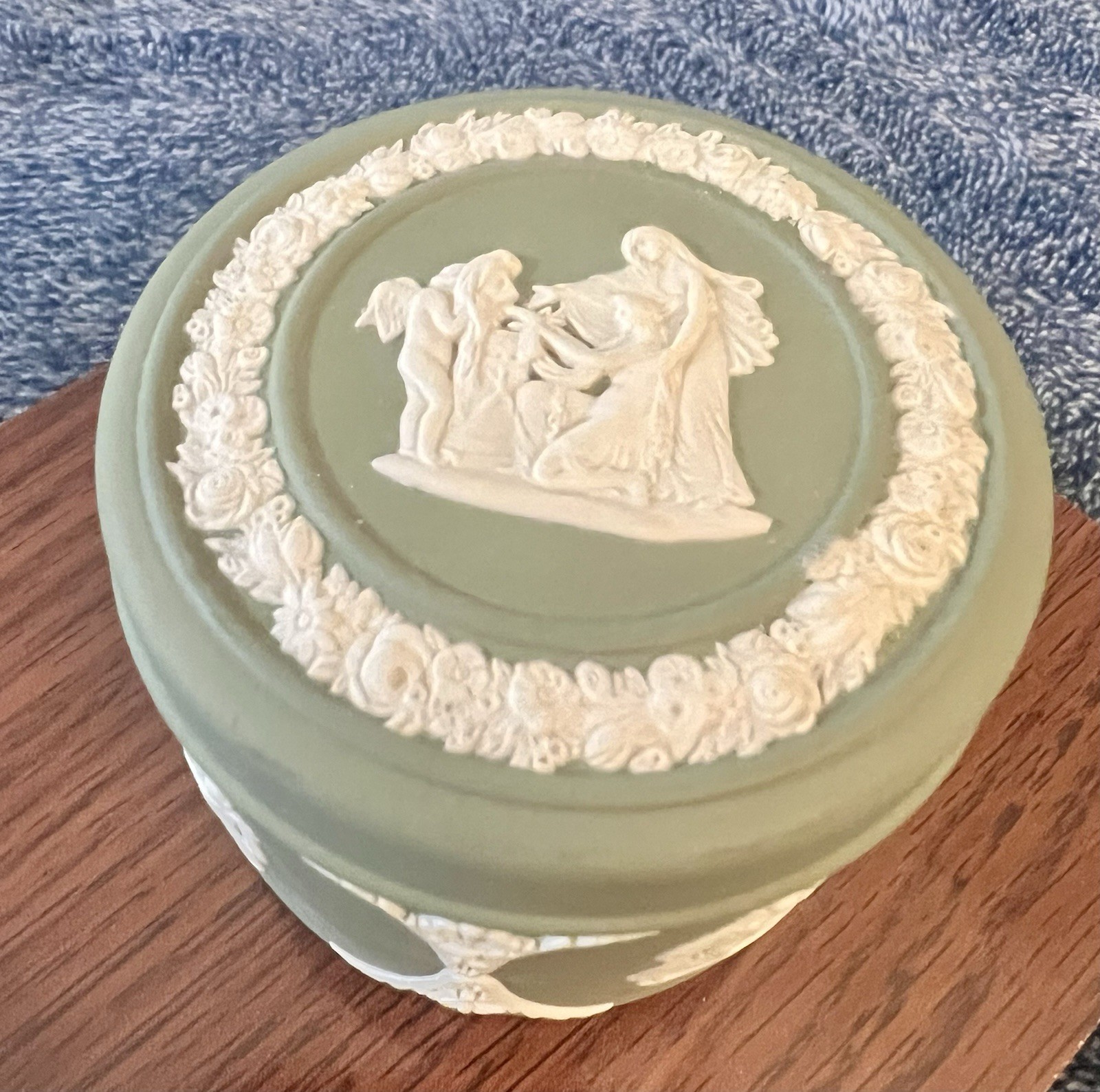 Vintage 1964 Wedgwood Sage Green Jasperware Round Trinket Box