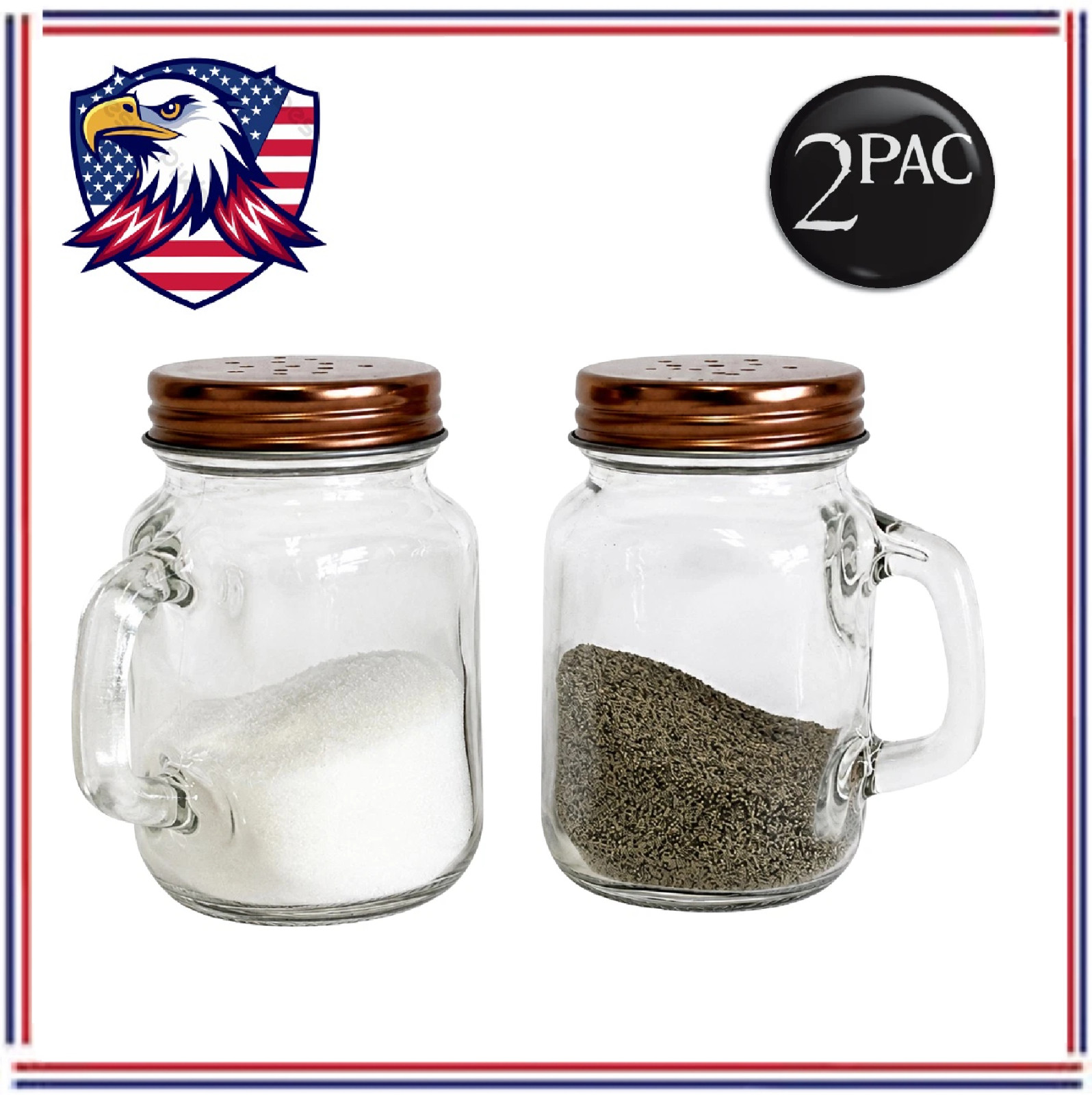 Glass Salt Pepper Shaker Set Mason Jar Style Handles Metal Lids 2 Piece - USA