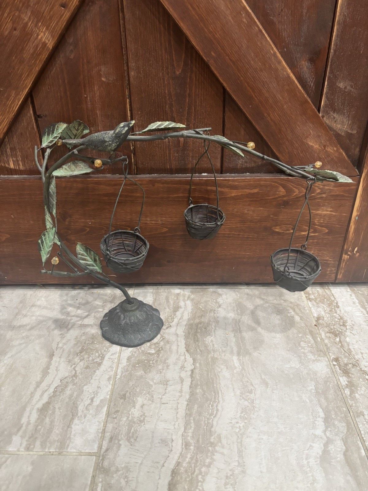 Vintage Wrought Iron Large Bird W/3 Baskets Home Decor Birds