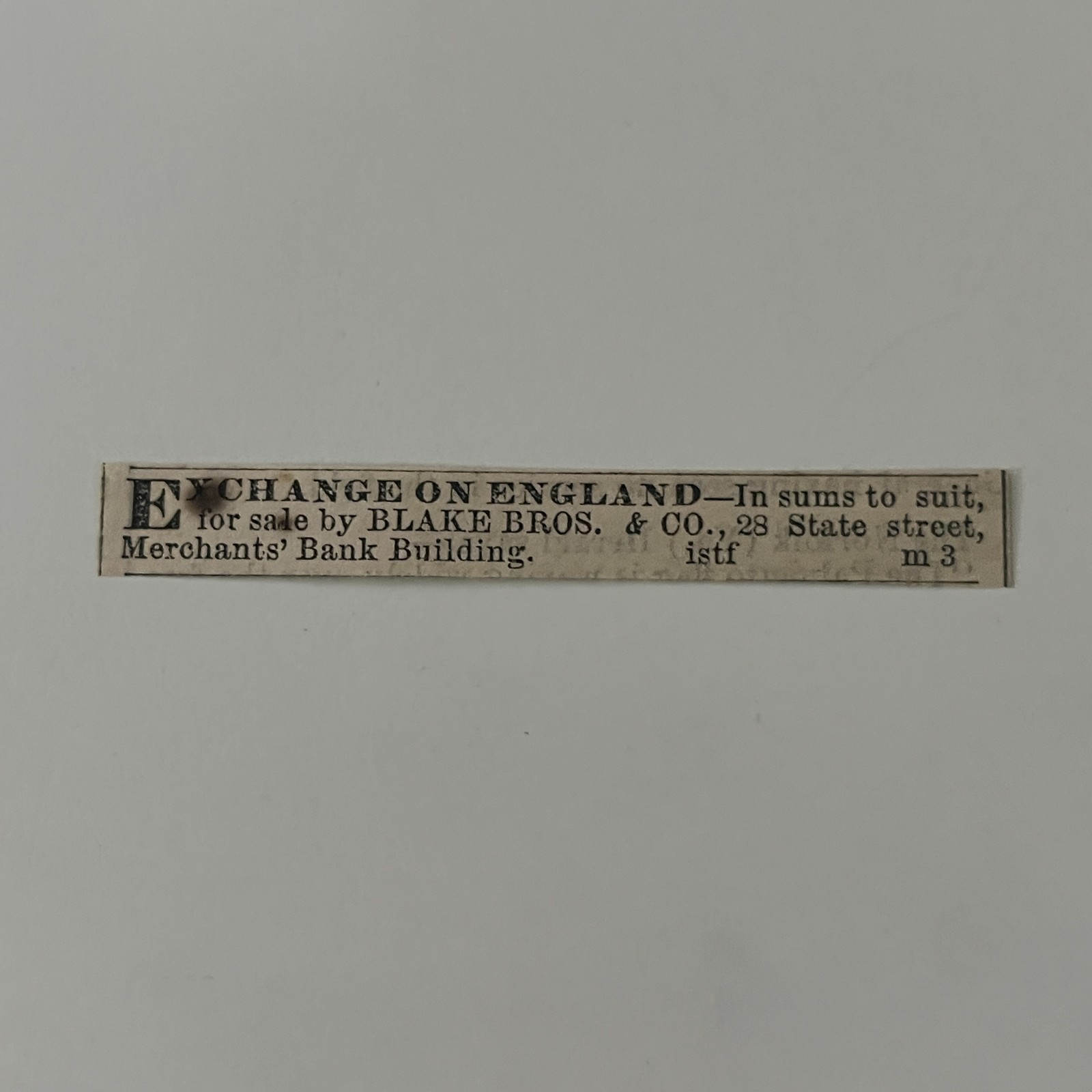 Blake Bros. & Co. Exchange on England 1860 Boston Clipping TAJ7-S47