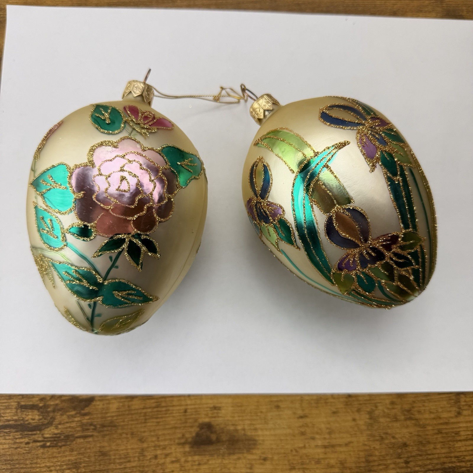 Vintage Whitehurst Poland Glass Christmas Ornaments Large Egg Floral Rose 2pc