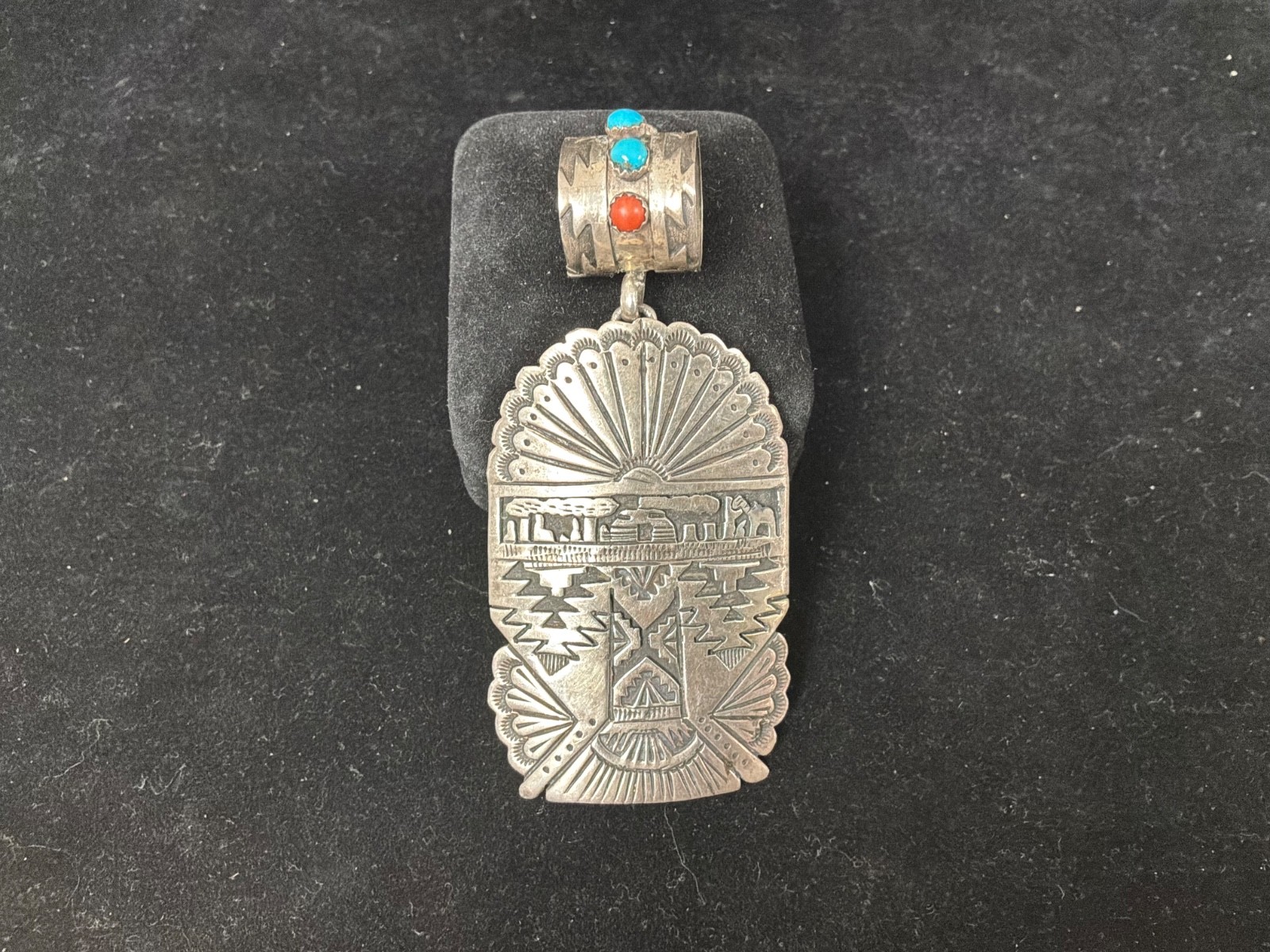 LARGE Signed ALCOTT Navajo Sterling Silver Story Telling Pendant 3 1/4” long LARGE Signed ALCOTT Navajo Sterling Silver Story Telling Pendant 3 1/4” long