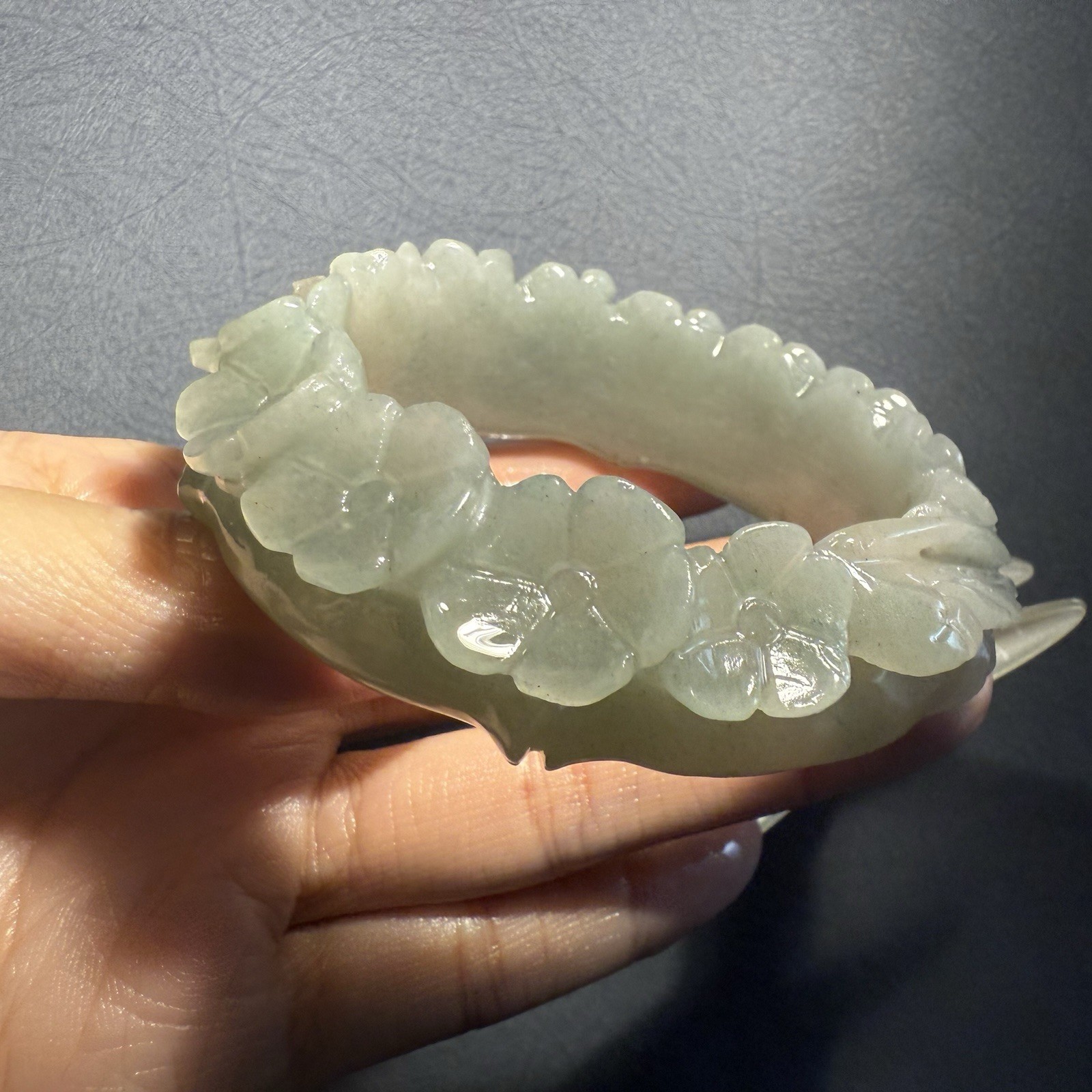 57.6mm Natural Mongolian Jade Bangle/Shetei Cui/petals has small flaws