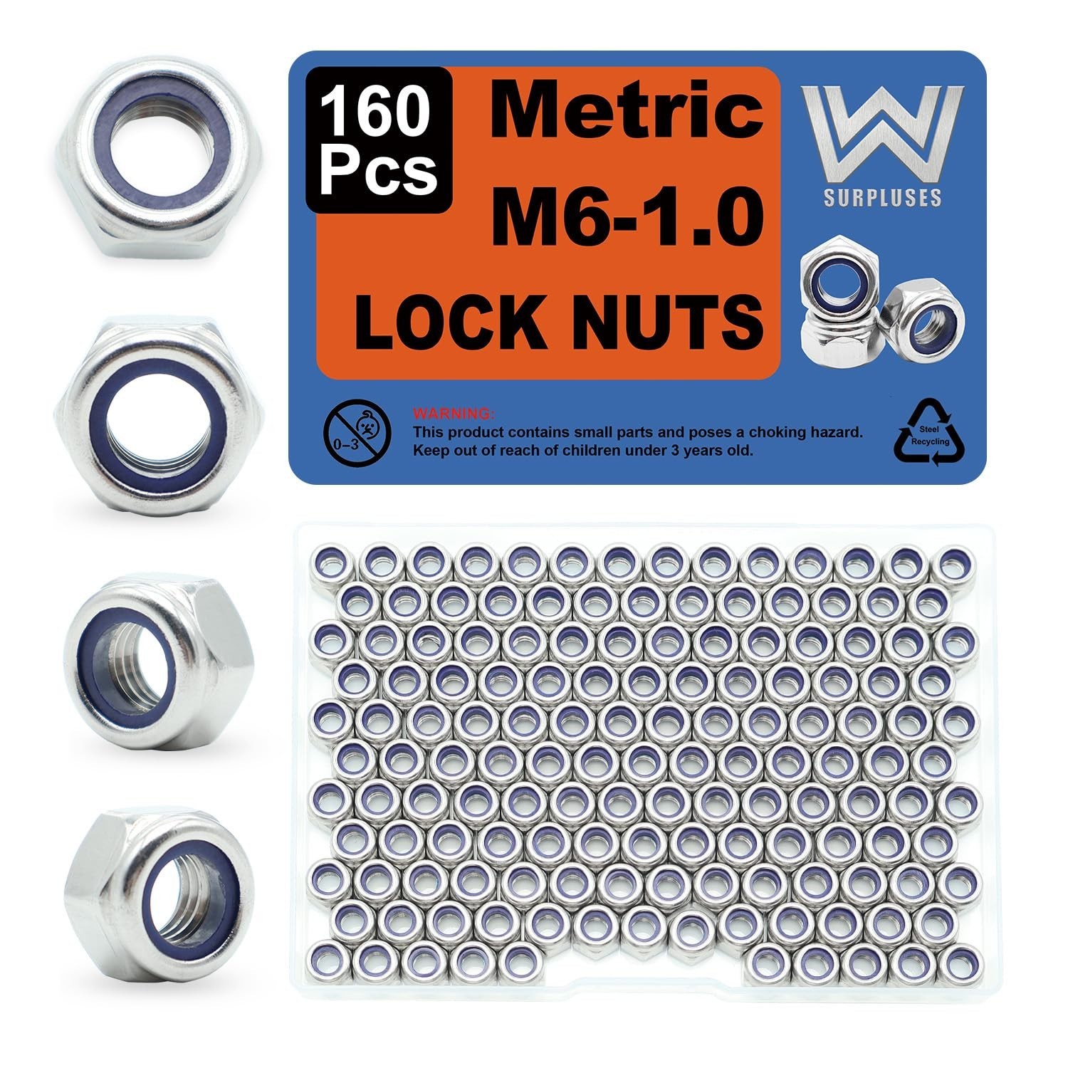 M6-1.0 Nylon Insert Lock Nuts 160 Pack, 304 Stainless Steel Hardware Nuts M6-1.0 Nylon Insert Lock Nuts 160 Pack, 304 Stainless Steel Hardware Nuts