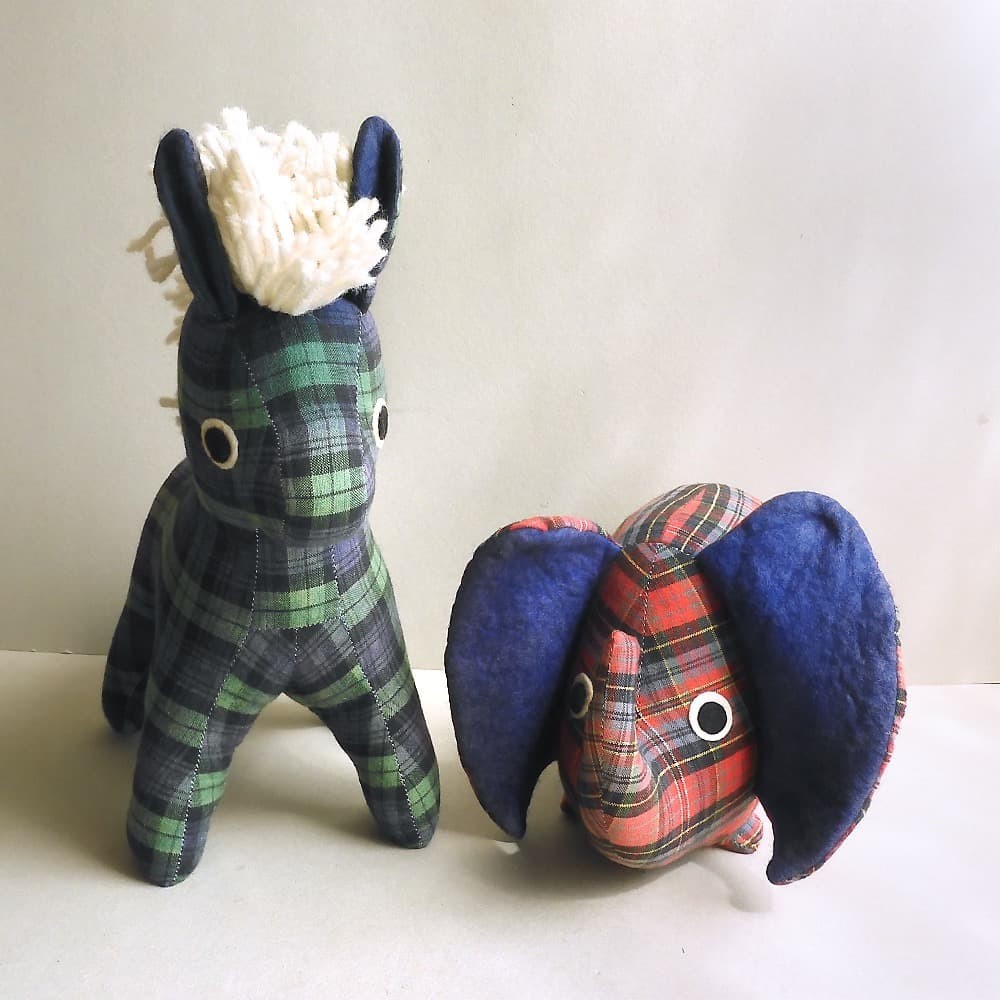 Vintage 1980s Scottish Tartan Plush Horse & Elephant Stuffed Animals Rare Set