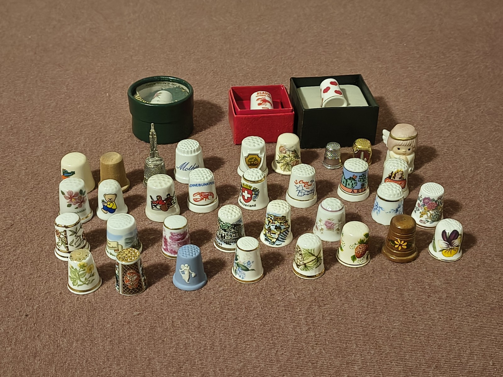 Thimbles Large Lot Of 35 Different Bone China Metal Wood Vintage