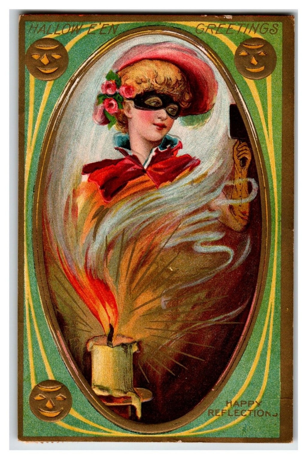 Vintage 1909 Halloween Masquerade Woman Candle Smoke Happy Reflections Postcard Vintage 1909 Halloween Masquerade Woman Candle Smoke Happy Reflections Postcard