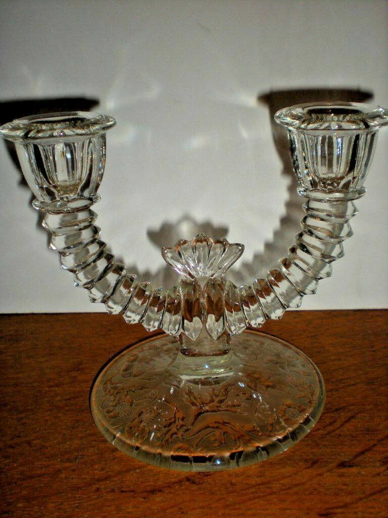 Candle Stick Double Arm Holder Antique Glass Spool Ribbed with Etched Flowers