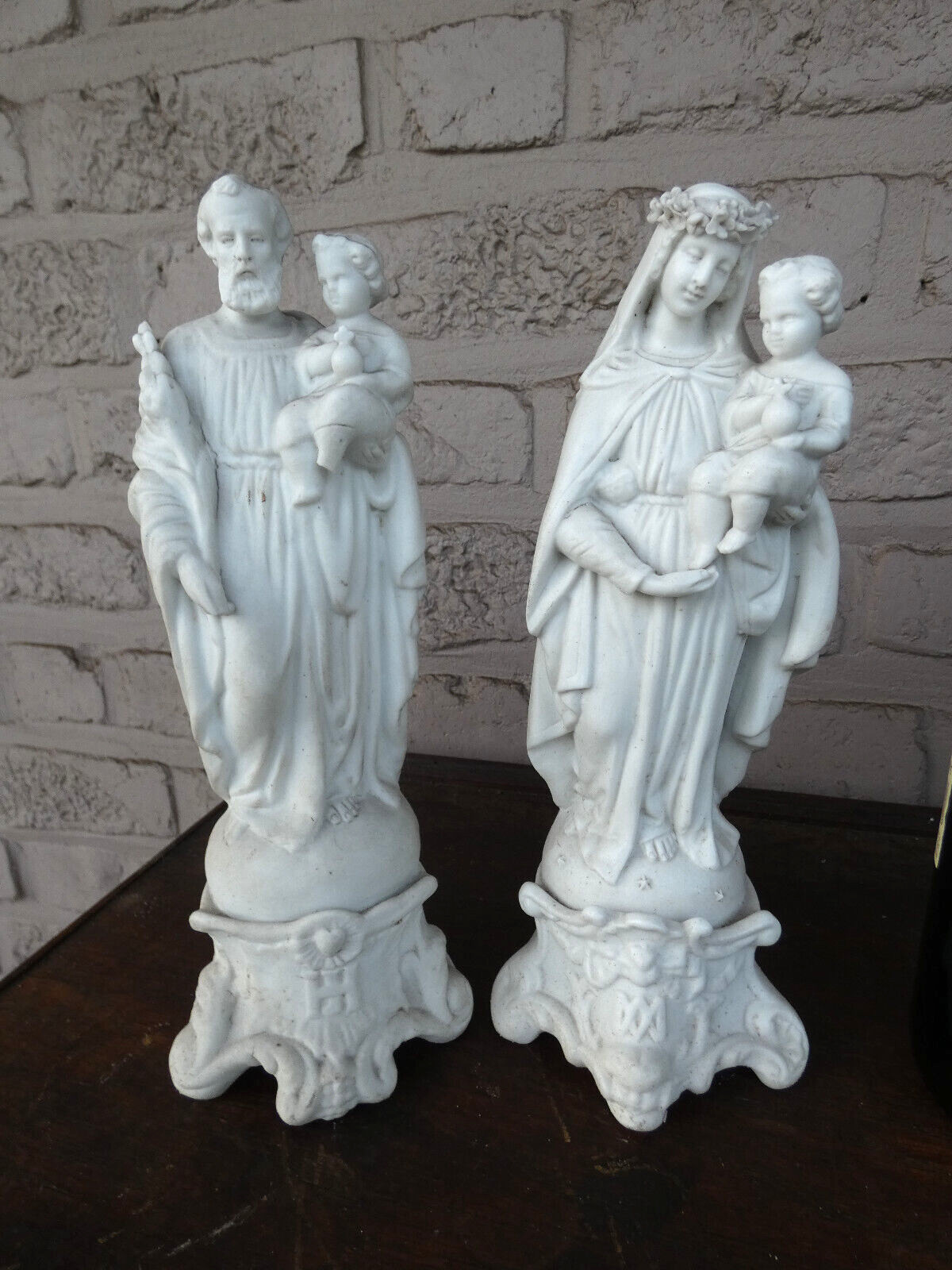 PAIR antique LETU MAUGER french bisque porcelain joseph mary jesus statue set PAIR antique LETU MAUGER french bisque porcelain joseph mary jesus statue set