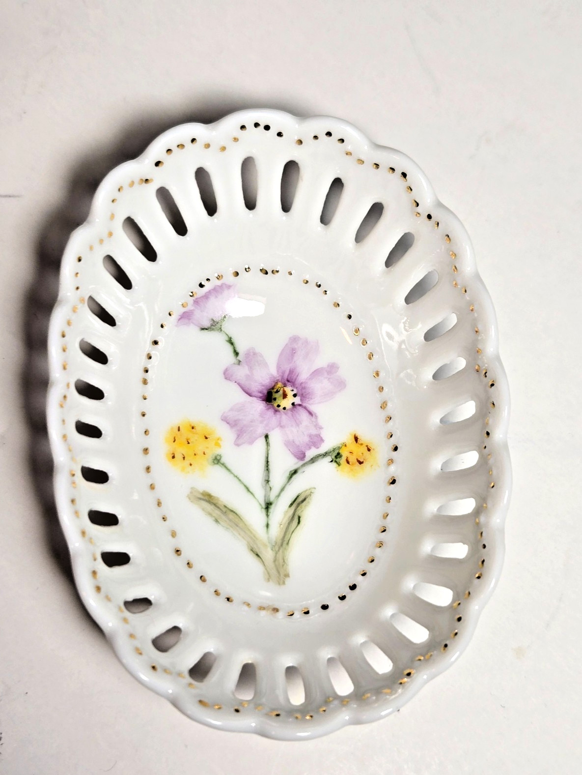 Tiny Reticulated Porcelain Trinket Dish White Gold 2.25” x 3.25” Andrea by Sadek