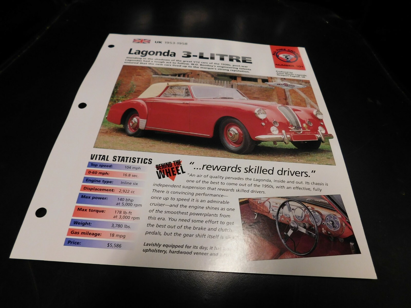 1953-1958 Lagonda 3 Litre Spec Sheet Brochure Photo Poster 54 55 56 57