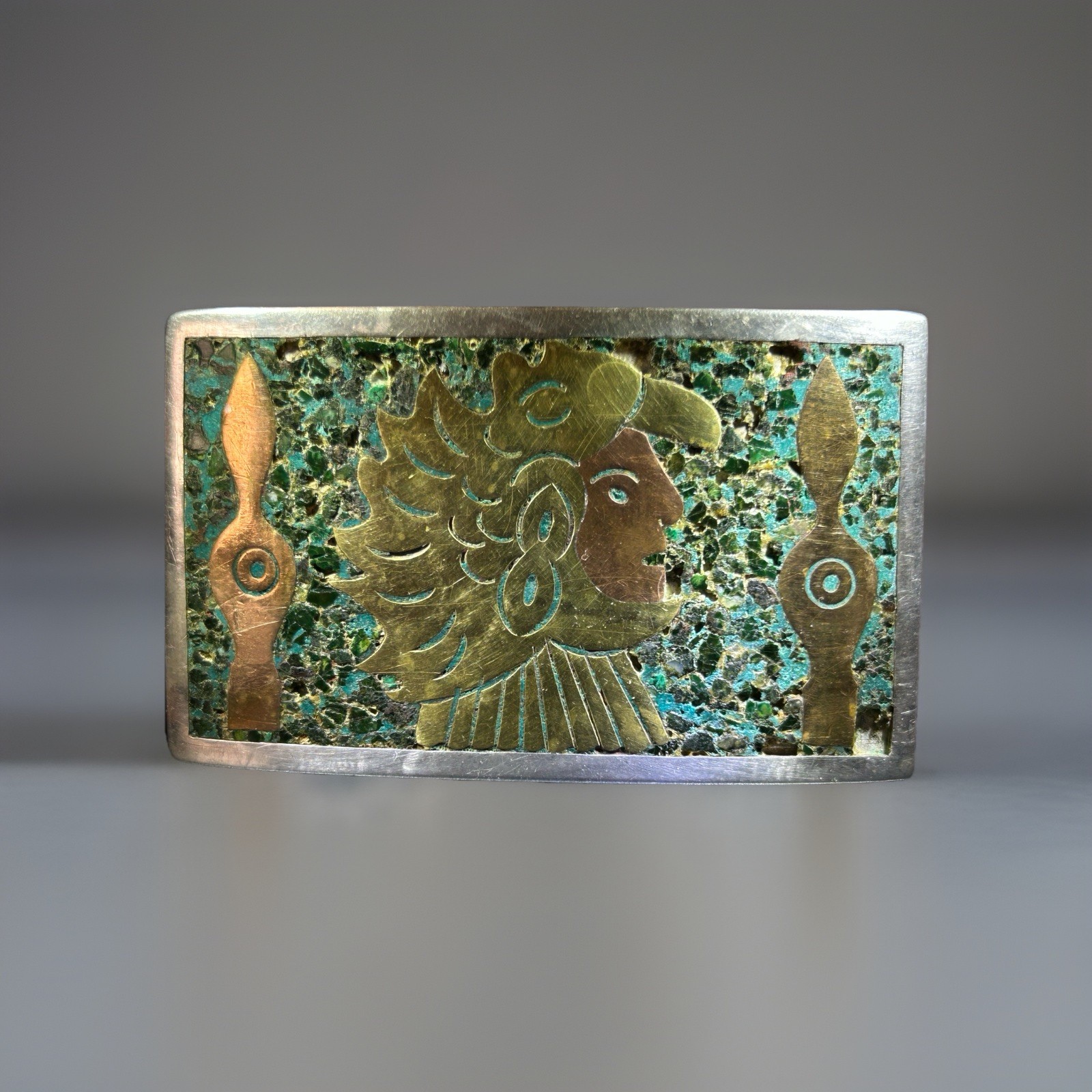 Mexico Taxco Sterling Silver Frame Solid 18k-22k Inlay And Turquoise Chip +8k