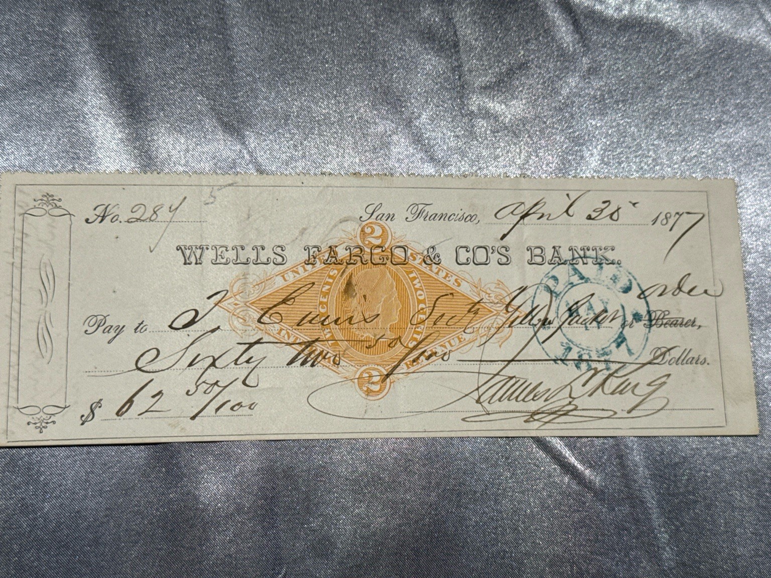 1877 Wells Fargo & Co Bank Check Gold Hill Nevada John P Jones? Bank California 