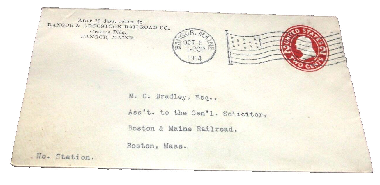 OCTOBER 1914 BANGOR & AROOSTOOK RAILROAD ENVELOPE TO BOSTON & MAINE RAILROAD