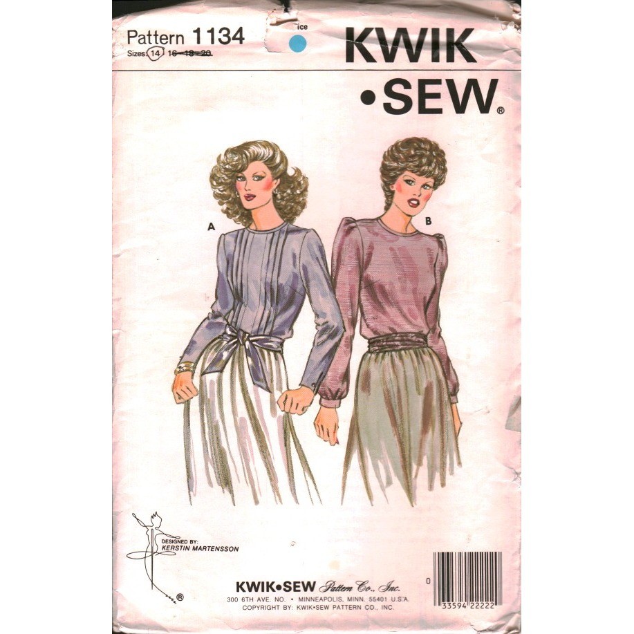Vintage Kwik Sew 1134 Misses Blouse Sewing Pattern Size 14 Tucked Pleated Top Vintage Kwik Sew 1134 Misses Blouse Sewing Pattern Size 14 Tucked Pleated Top