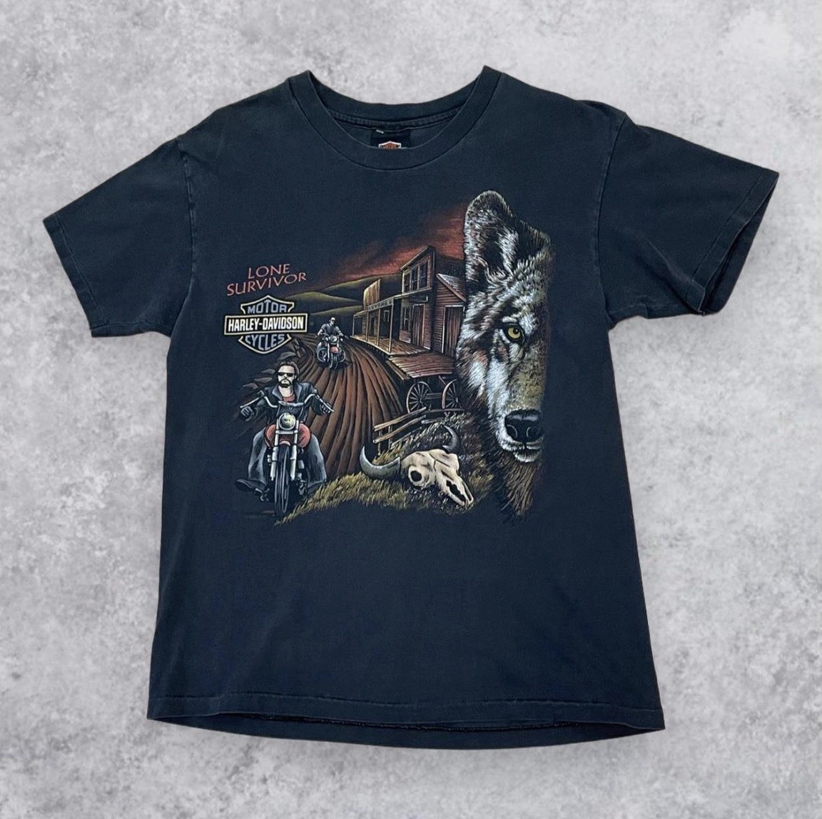 VTG 90s Harley-Davidson Lone Survivor Wolf Skull Jackson Mississippi 3D Style M VTG 90s Harley-Davidson Lone Survivor Wolf Skull Jackson Mississippi 3D Style M