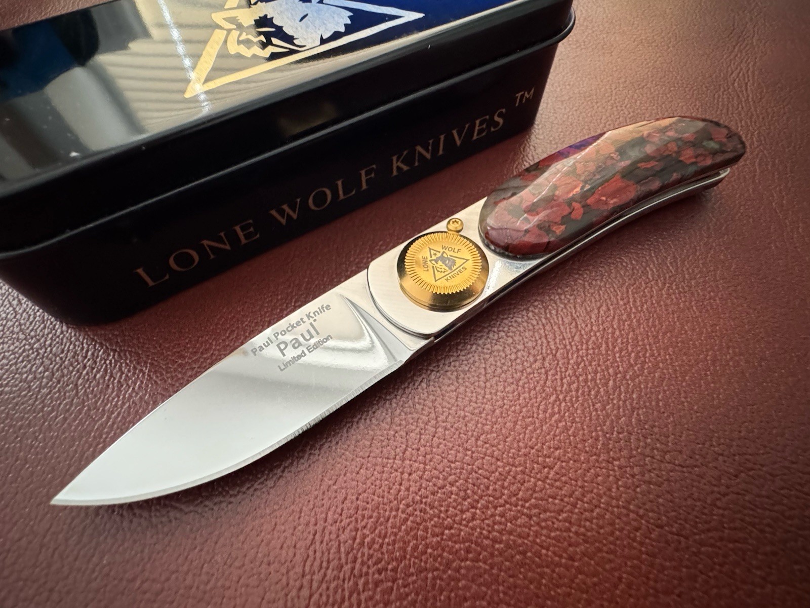 Rare Vtg Lone Wolf Paul Folding Knife Passion Stone Handle Limited Edition USA