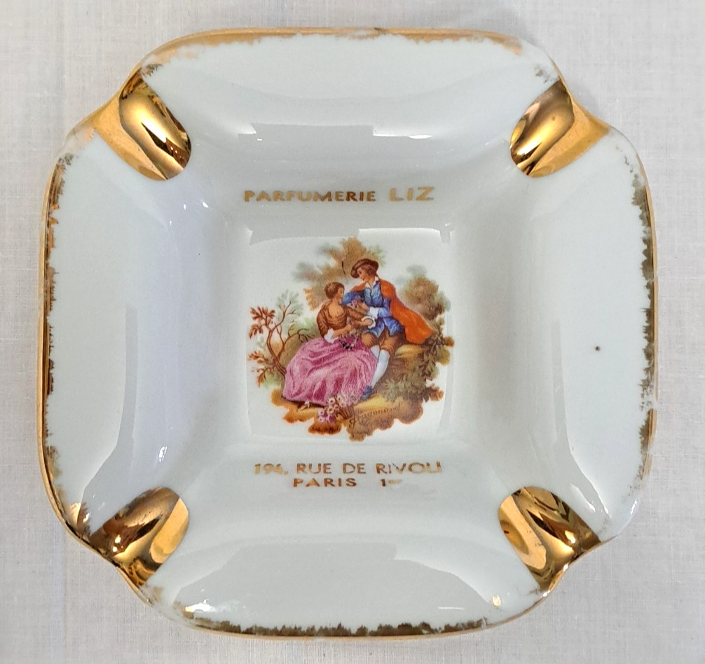 Vintage Limoges Parfumerie LIZ 194 Rue de Rivoli Ashtray French 22K Gold 5 inch