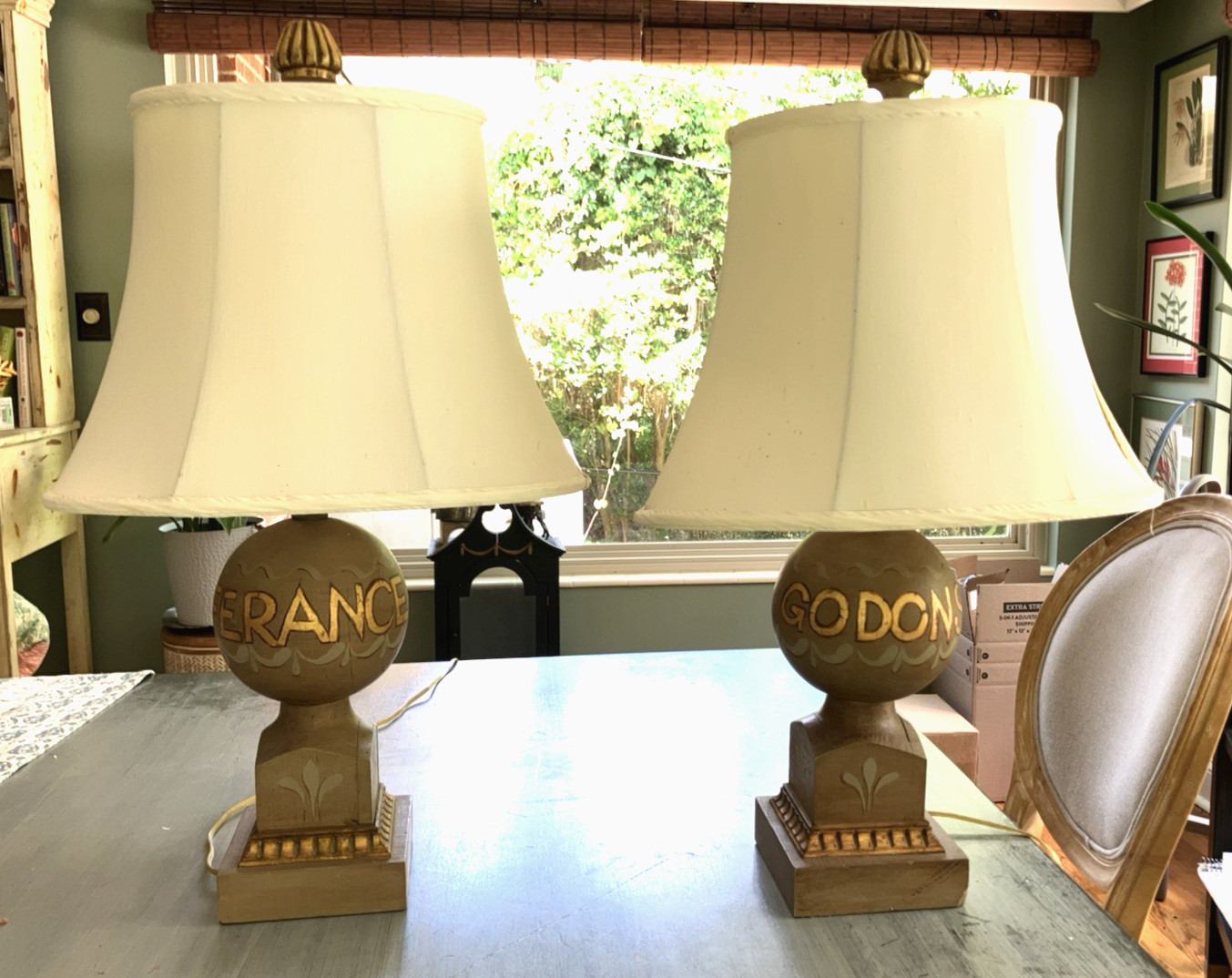 SALE Antique Pair of French Hand Painted Wooden Lamps SALE SALE Antique Pair of French Hand Painted Wooden Lamps SALE