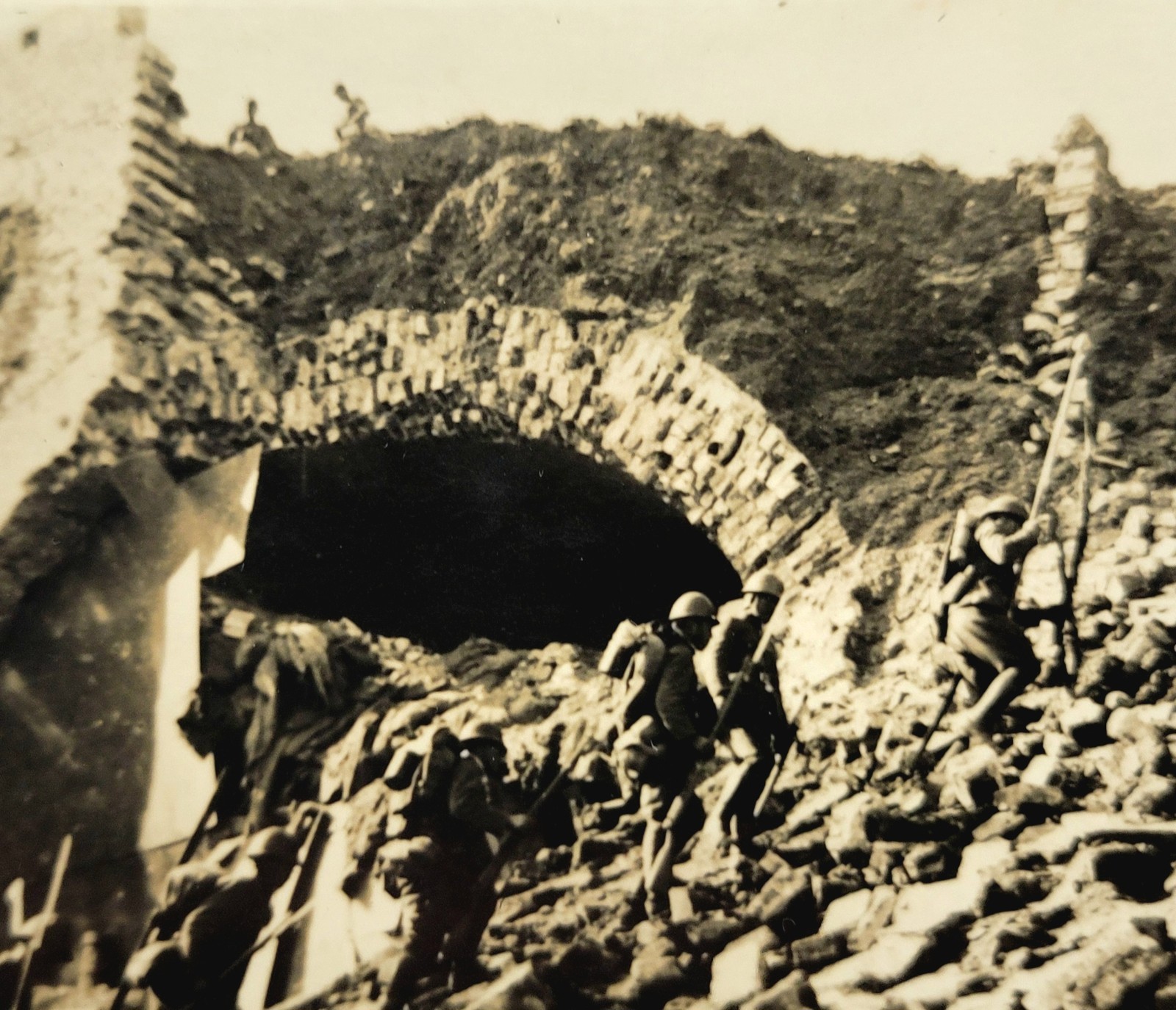 Japanese Army Capture Stone Archway Fortress Wall - Nanking China c1937 Photo