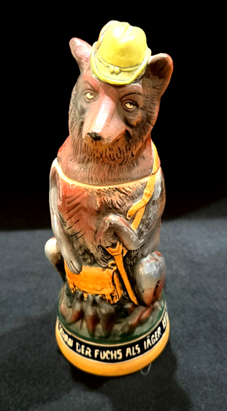 ANTIQUE Matthias Girmscheid 1960 Figural Pottery Hunting Fox Beer Stein WGermany