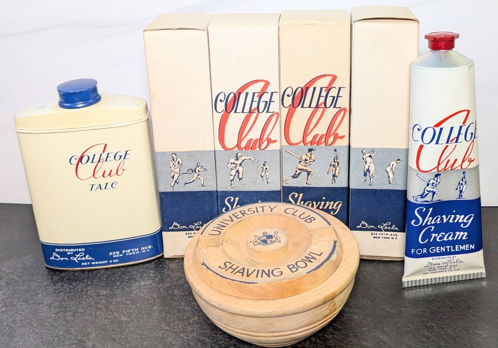 Vintage 1940s College Club Shaving Cream Set NOS Talc Tin University Bowl Lot Vintage 1940s College Club Shaving Cream Set NOS Talc Tin University Bowl Lot