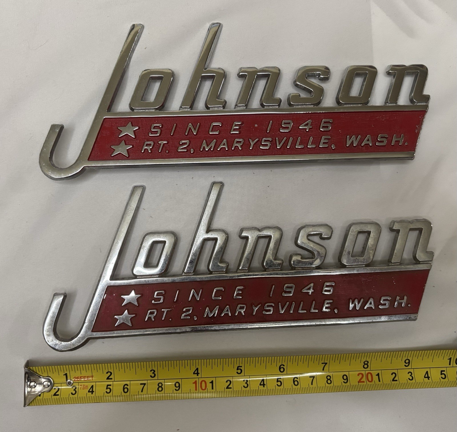 Vintage Johnson marine/dealer Emblem—Marysville, Washington RARE PAIR Vintage Johnson marine/dealer Emblem—Marysville, Washington RARE PAIR