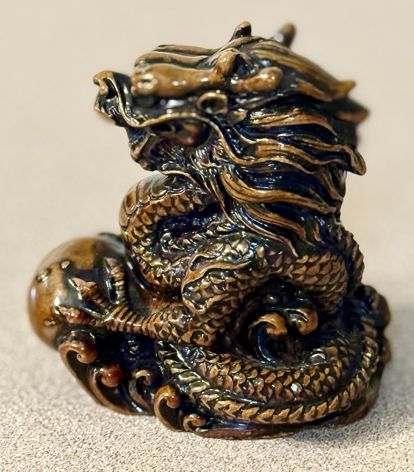 VTG Heavy Resin Chinese Dragon Figurine Holding Pearl Faux Wood 3.5”