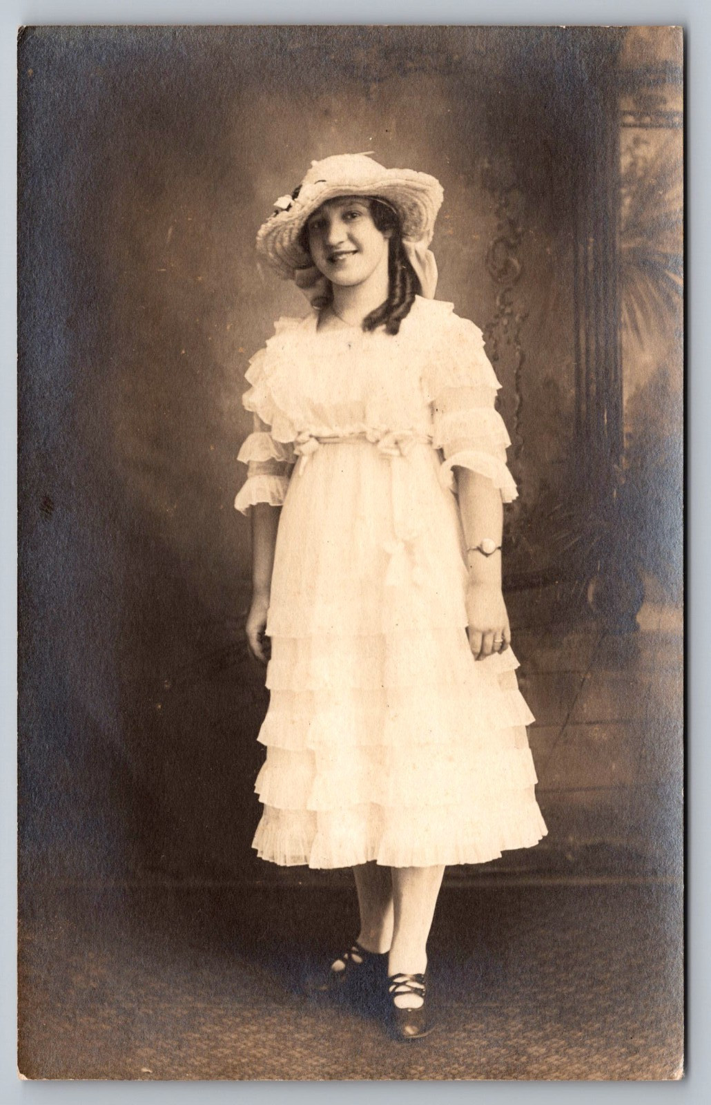 Young Lady Girl, Frilly Lace Dress~Hat~Baloney Curls c1917 Vintage RPPC Postcard