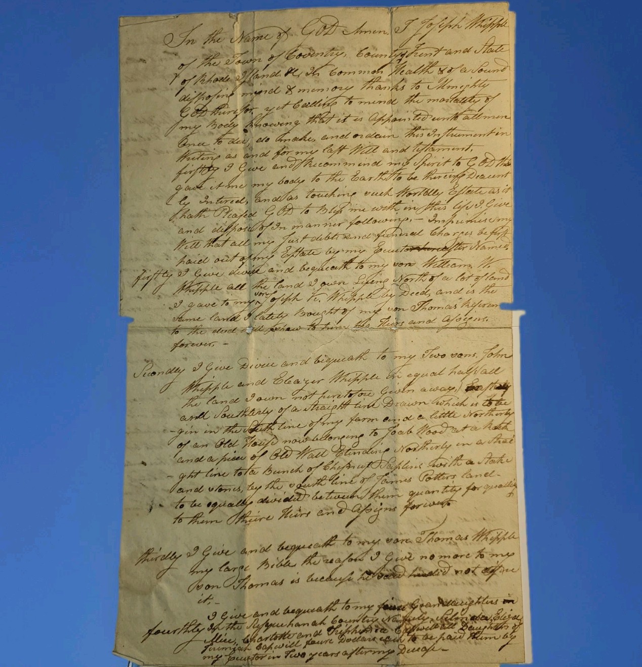 1828 Original Last Will & Testament, Joseph Whipple (1751–1832), Coventry, R.I. 1828 Original Last Will & Testament, Joseph Whipple (1751–1832), Coventry, R.I.